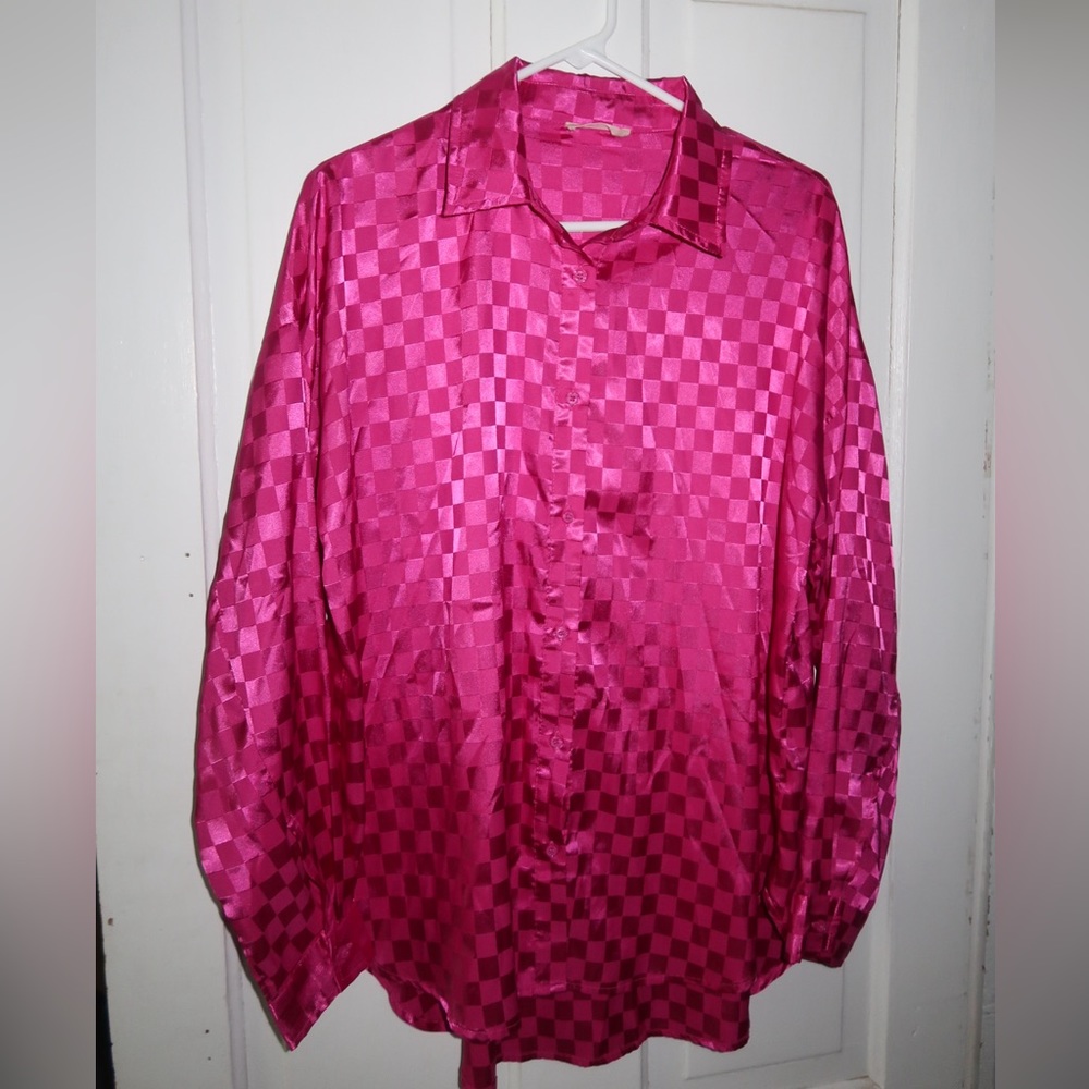 Satin Oversized Checkered Button Down